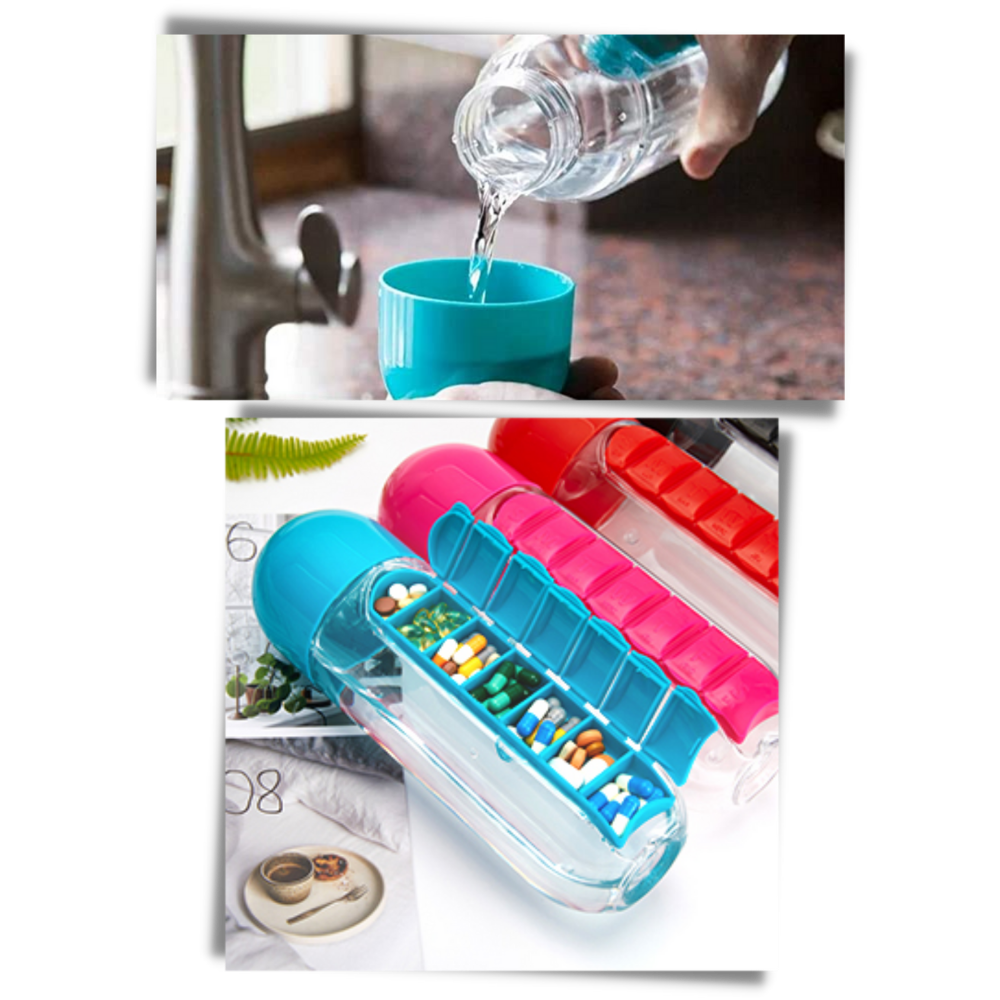 Bouteille d'eau en plastique avec pilulier