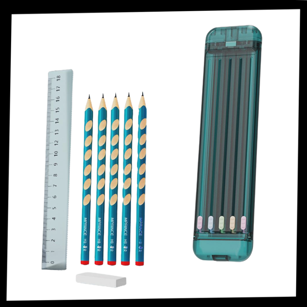 Trousse à crayons rigide avec crayons et règle
