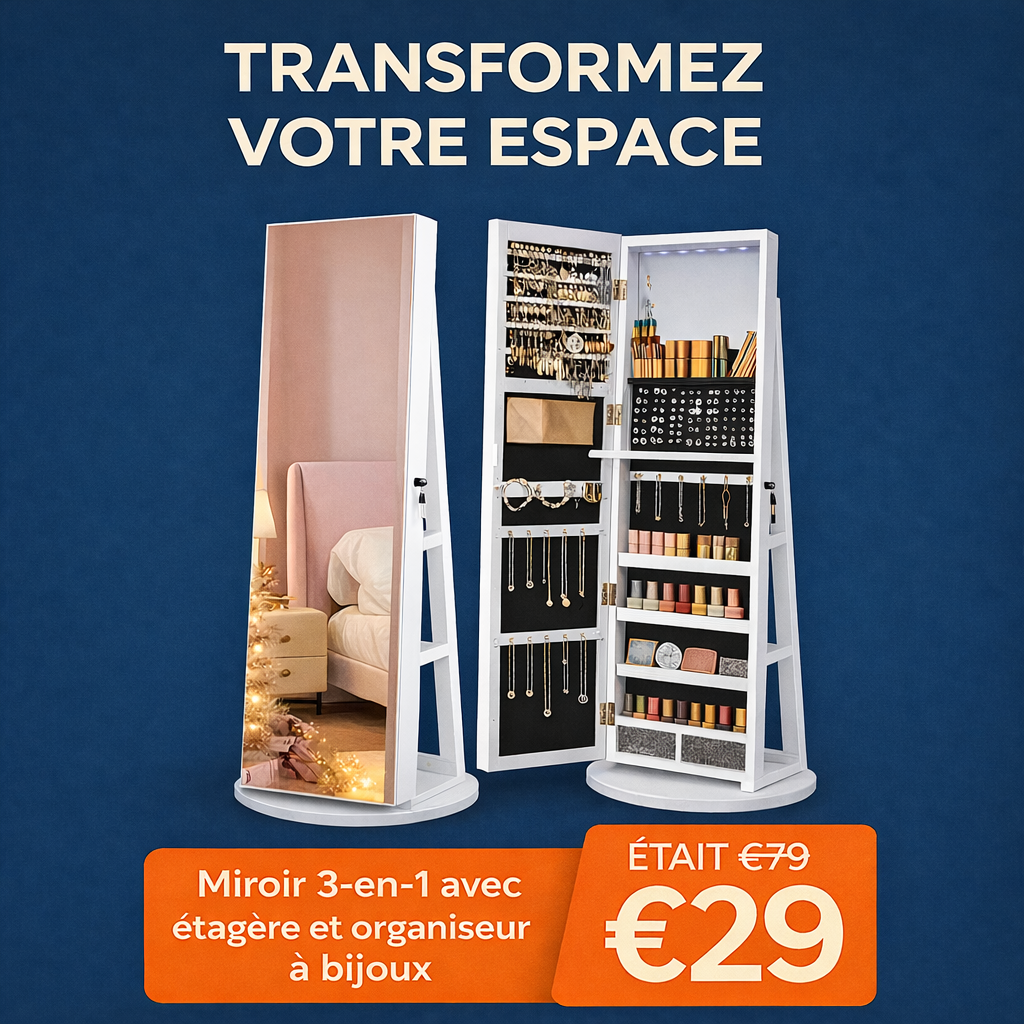 Miroir 3-en-1 avec étagère et organisateur à bijoux élégant ✨