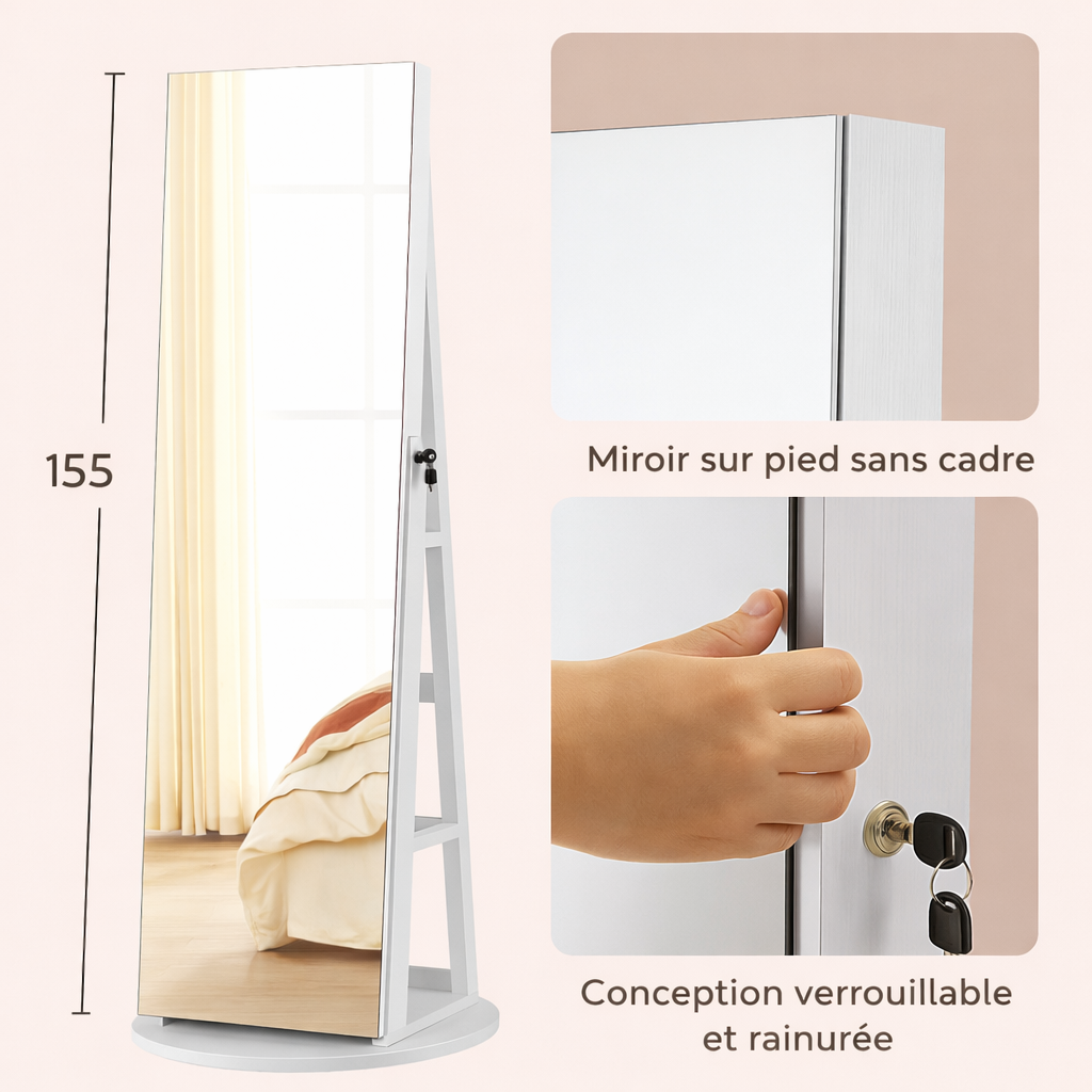 Miroir 3-en-1 avec étagère et organisateur à bijoux élégant ✨
