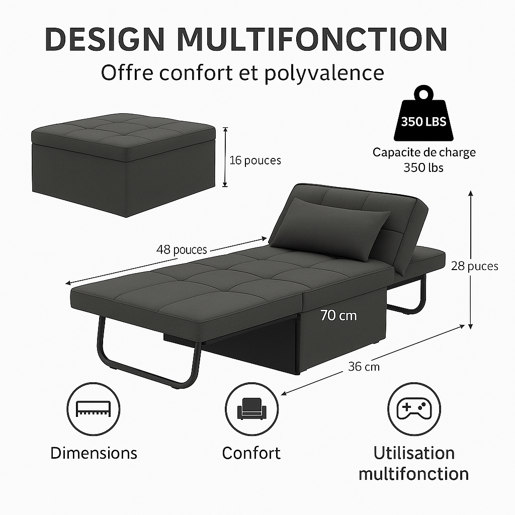 OTTO – Fauteuil Ottoman Convertible 4-en-1 Multifonctionnel