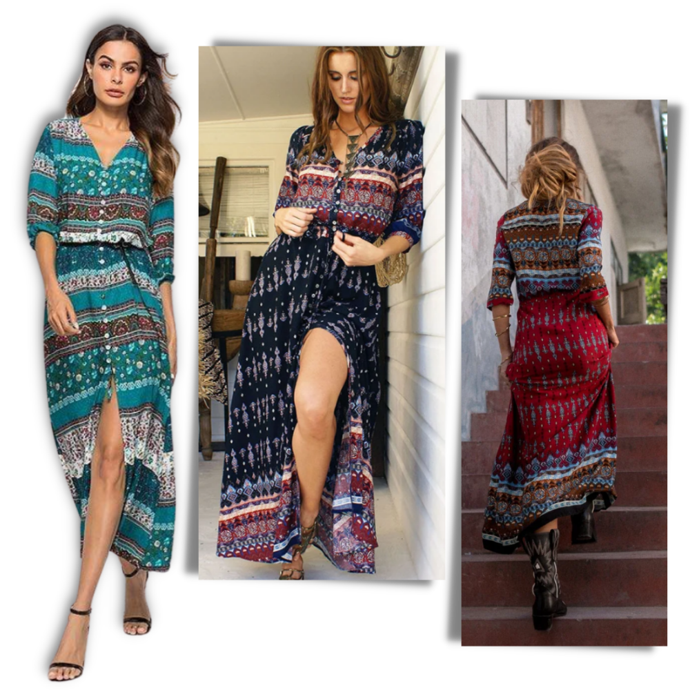 Robe longue à col en V de style bohème